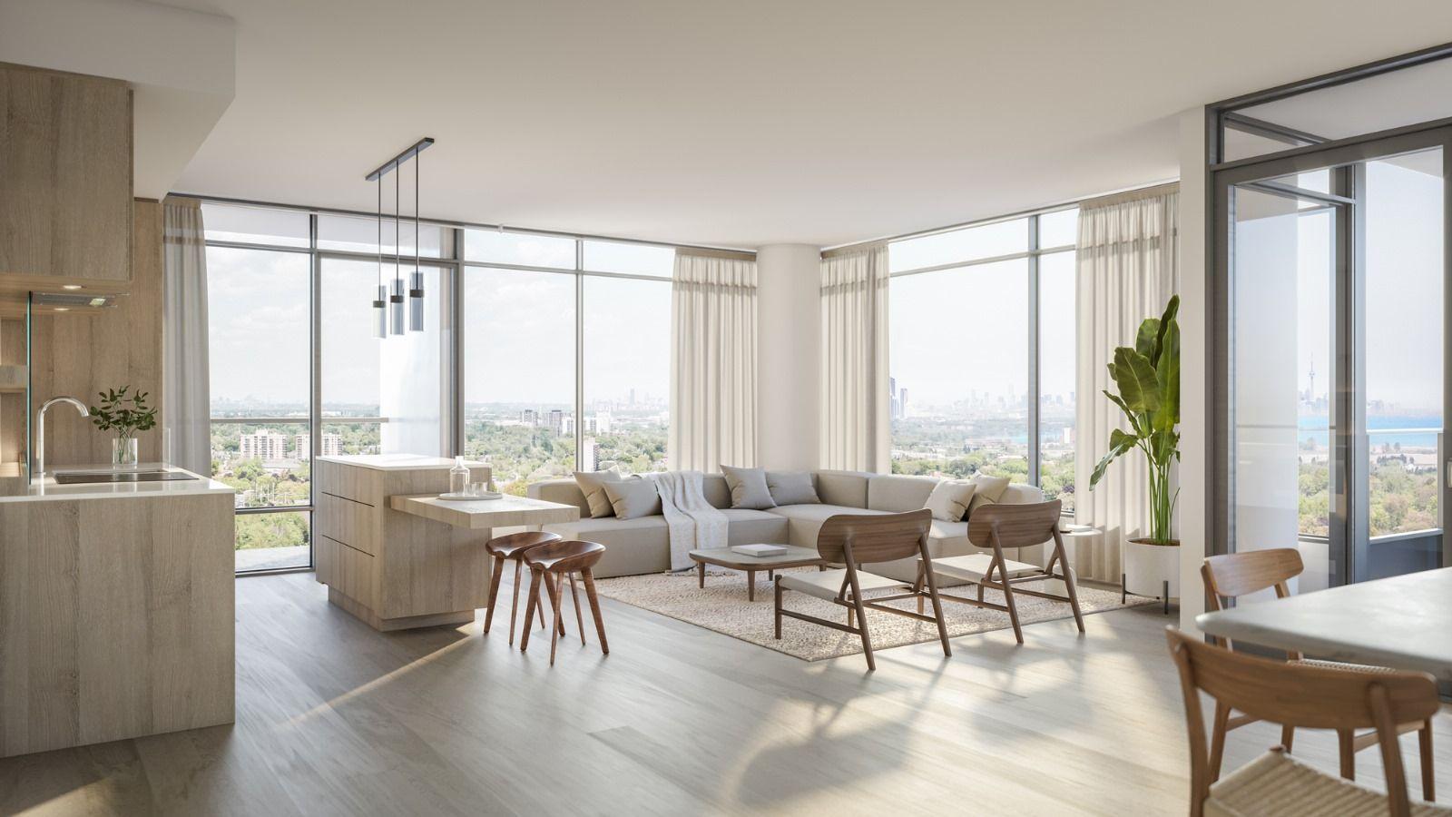 Modern living room with large windows, light decor, and city view.